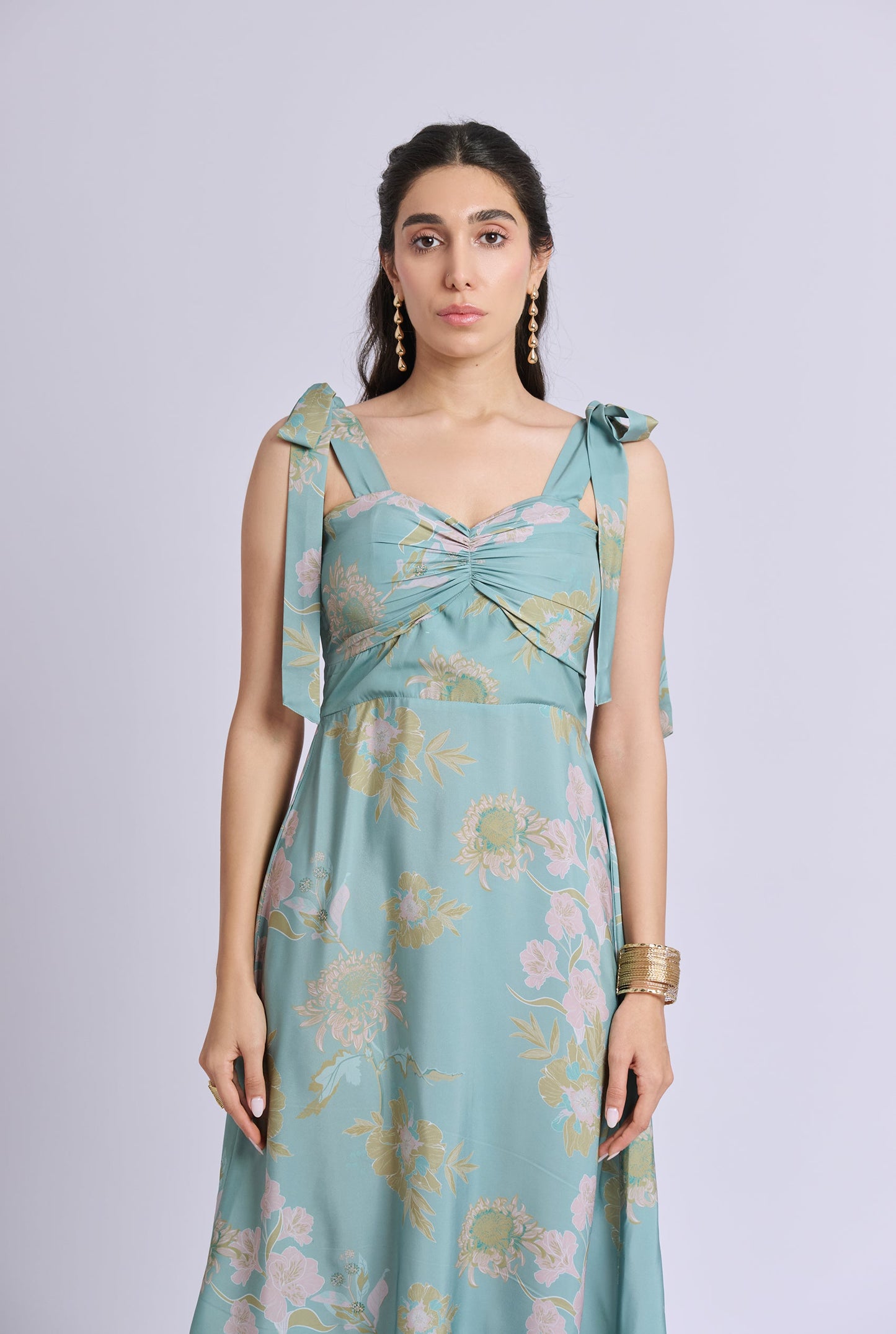 Edith Strappy Green and Pink flower Print Midi dress with Tie up Detailing