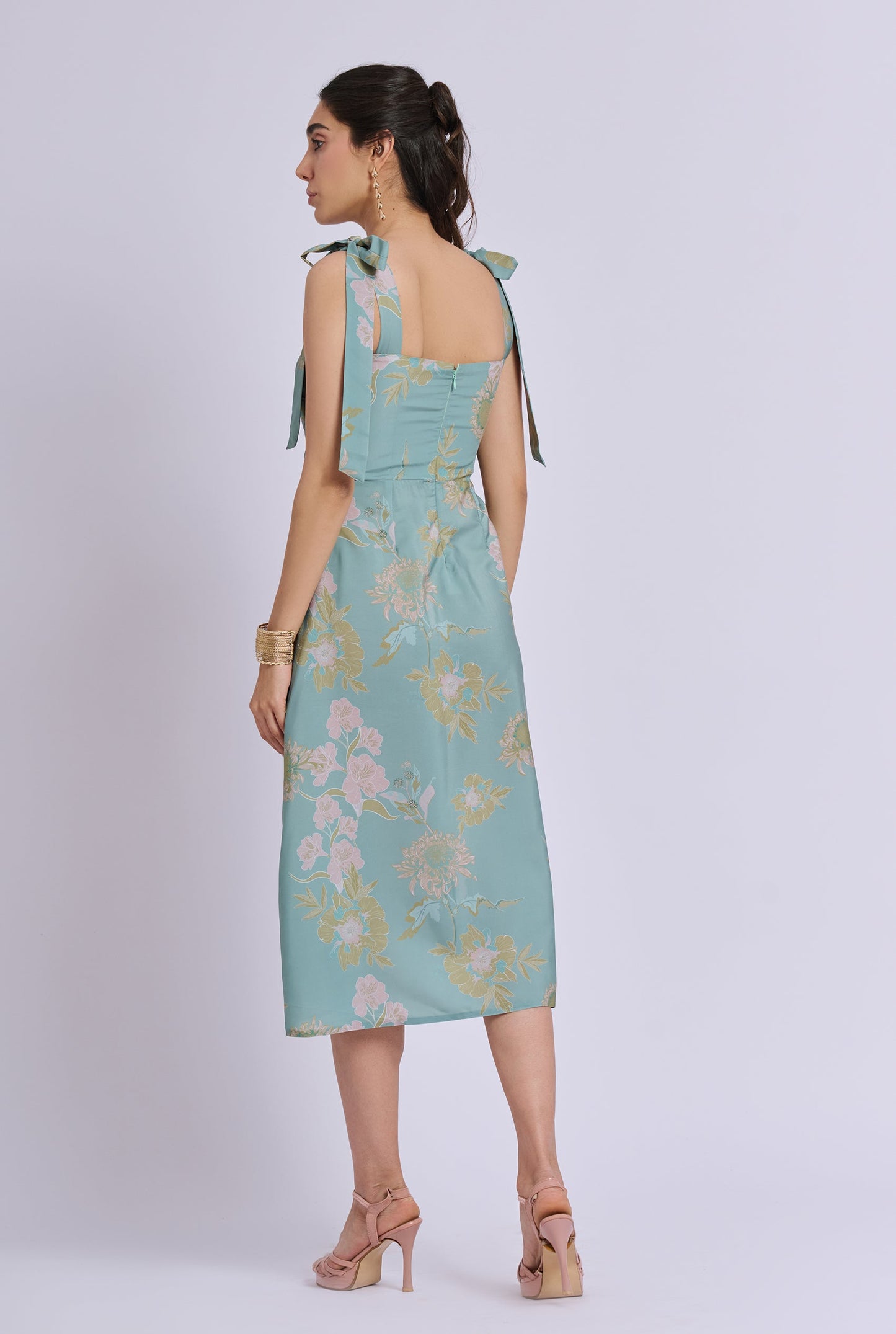 Edith Strappy Green and Pink flower Print Midi dress with Tie up Detailing