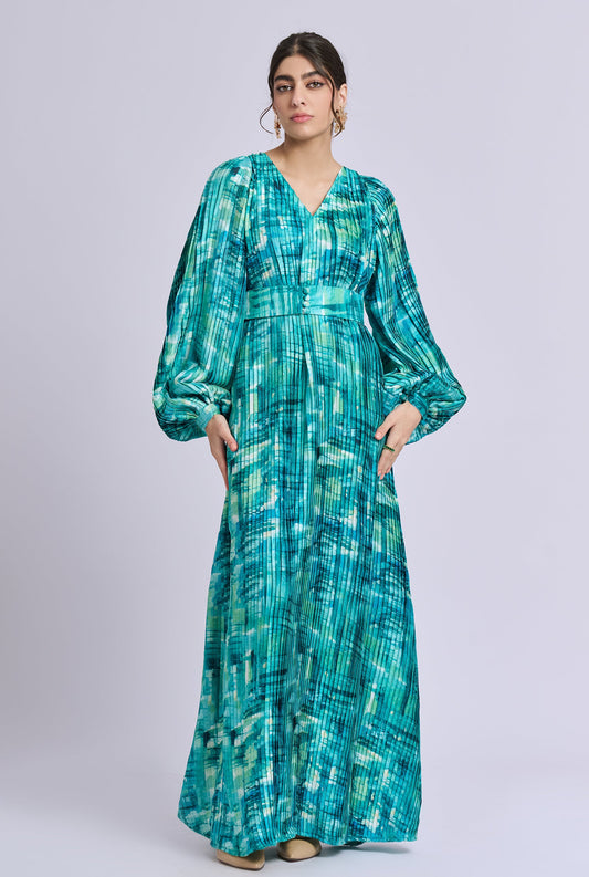 Oceana Blue and Green Brush Stroke Print Balloon Sleeve Maxi Dress with Belt