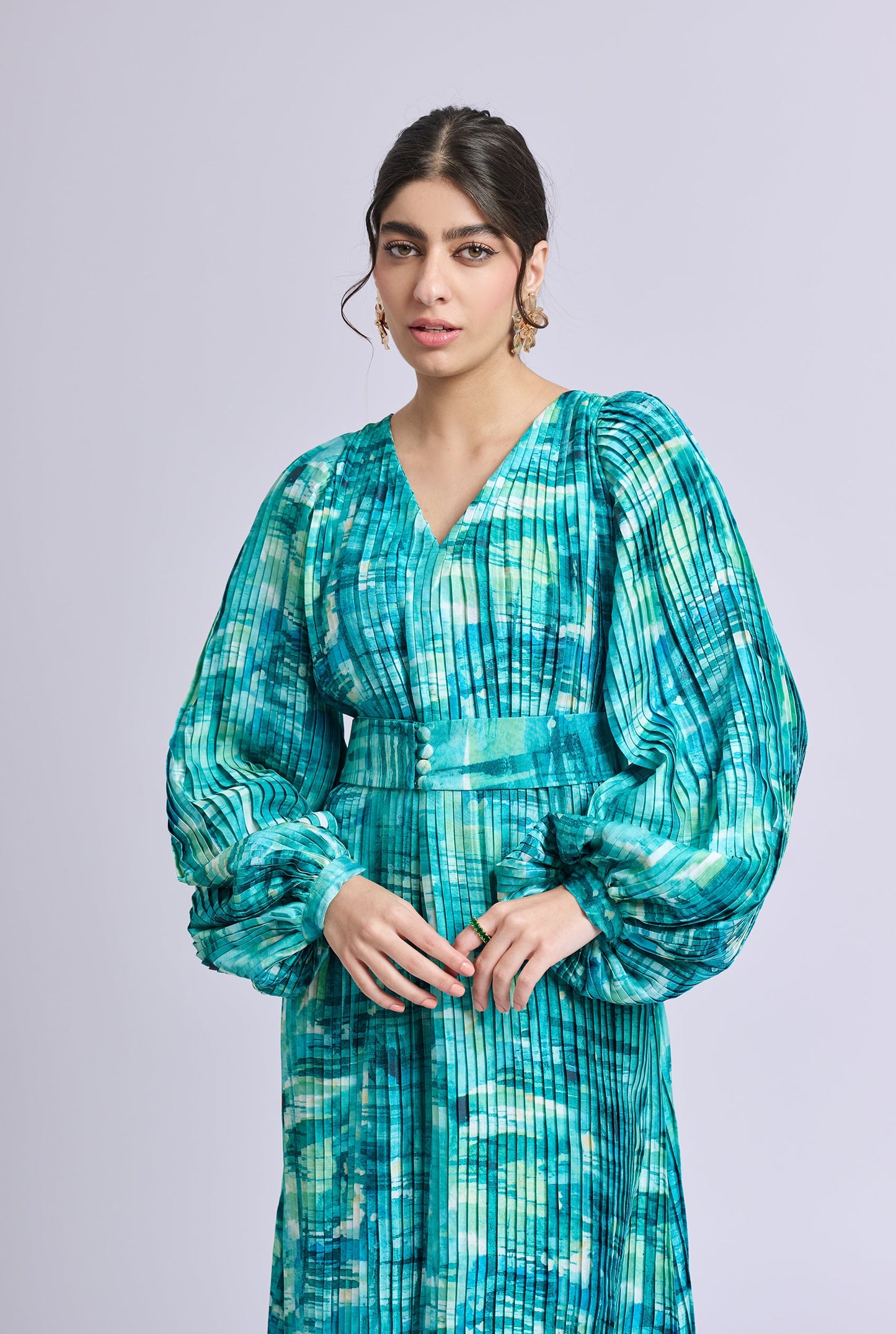 Oceana Blue and Green Brush Stroke Print Balloon Sleeve Maxi Dress with Belt