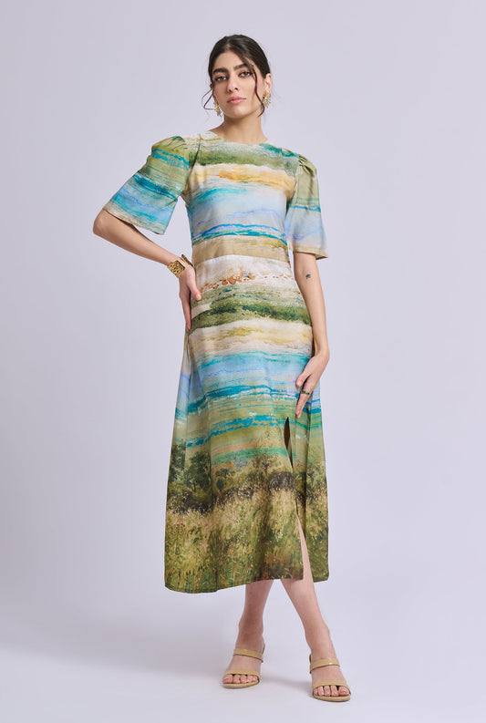 Nadia Scenery Print Midi Dress with Side Slit