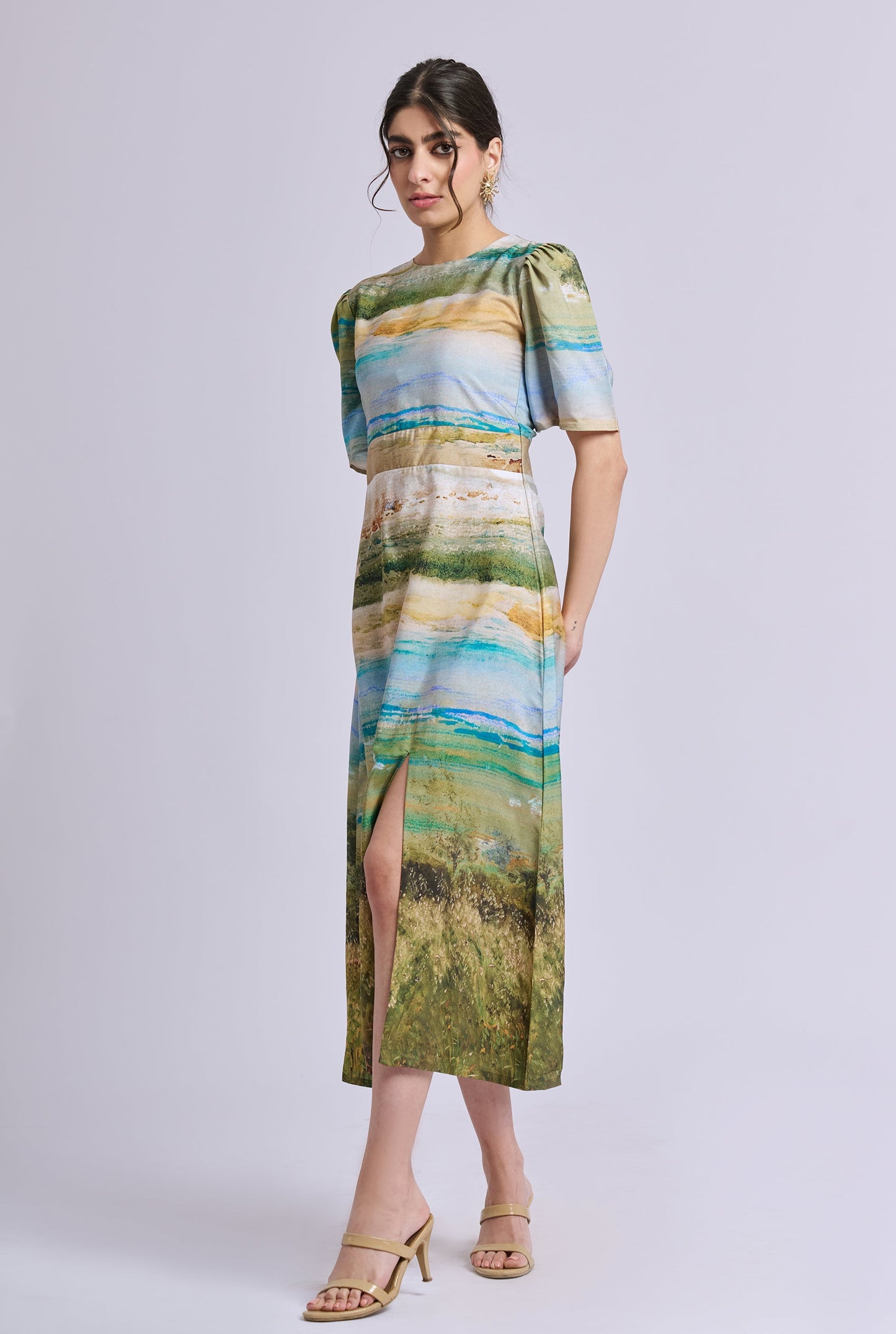 Nadia Scenery Print Midi Dress with Side Slit