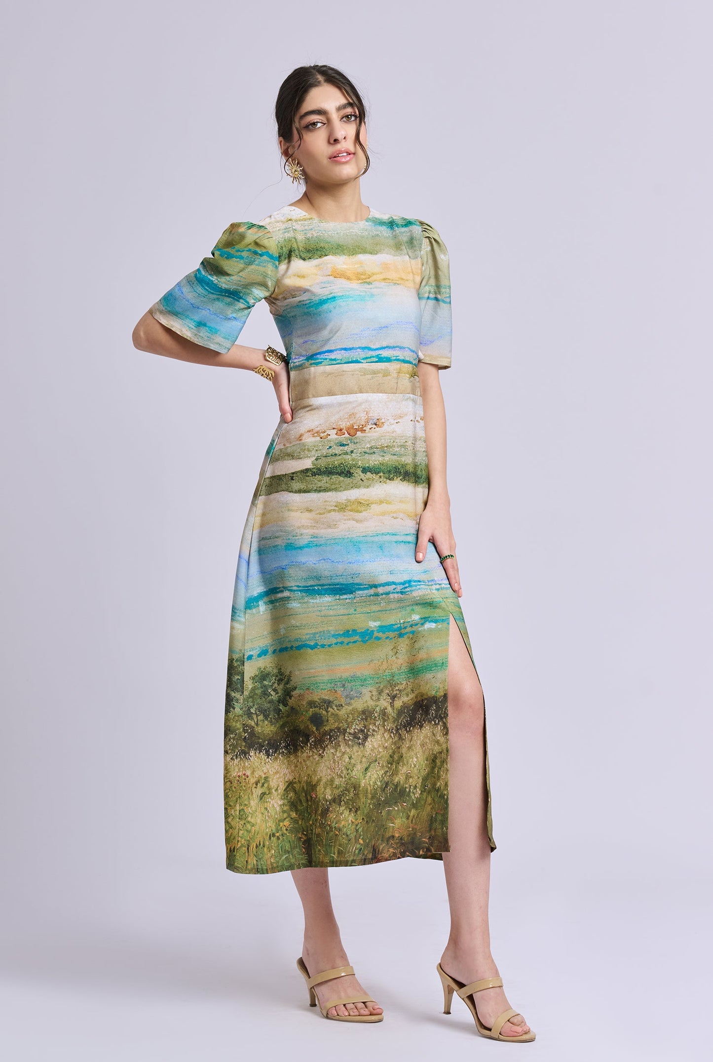 Nadia Scenery Print Midi Dress with Side Slit