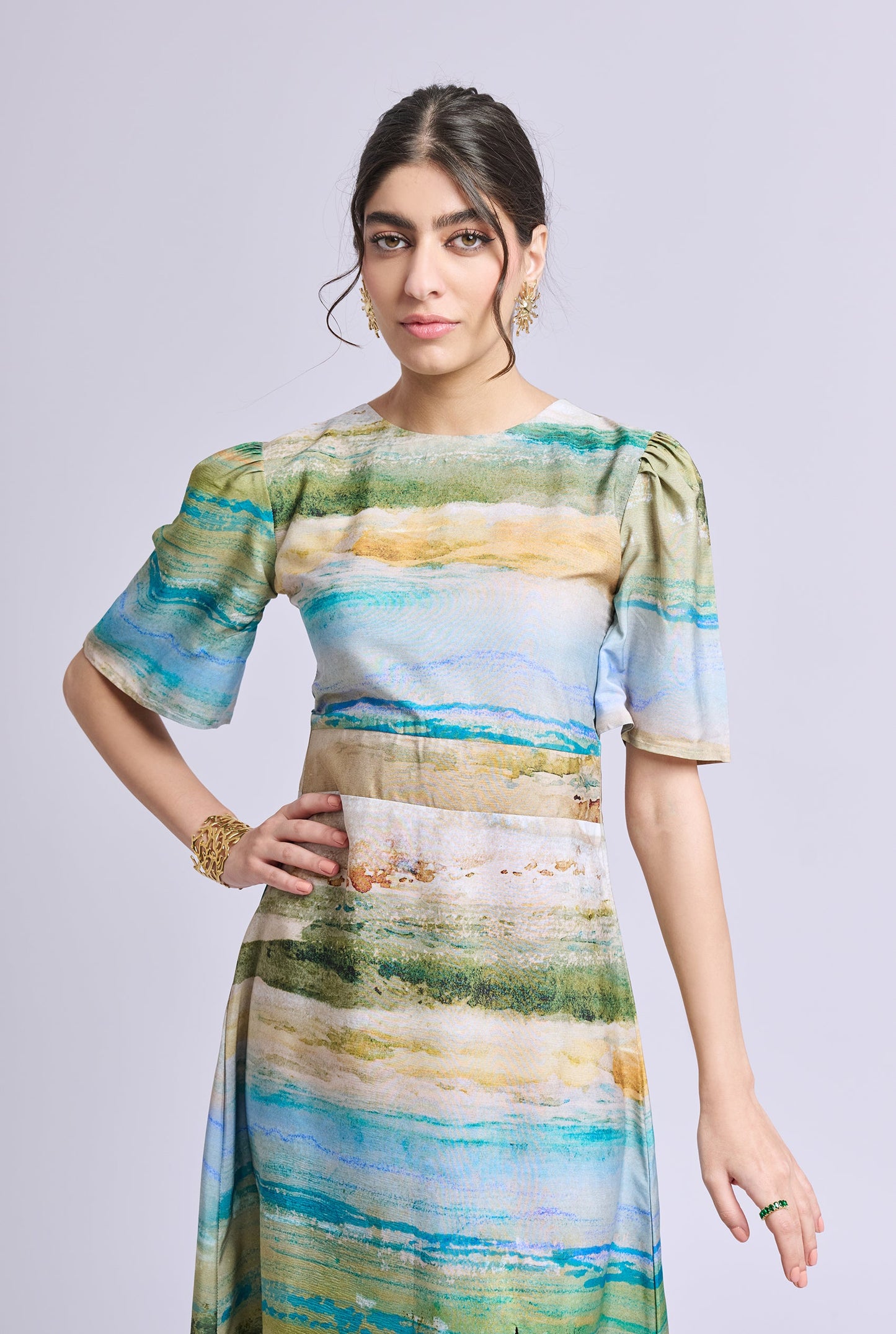 Nadia Scenery Print Midi Dress with Side Slit