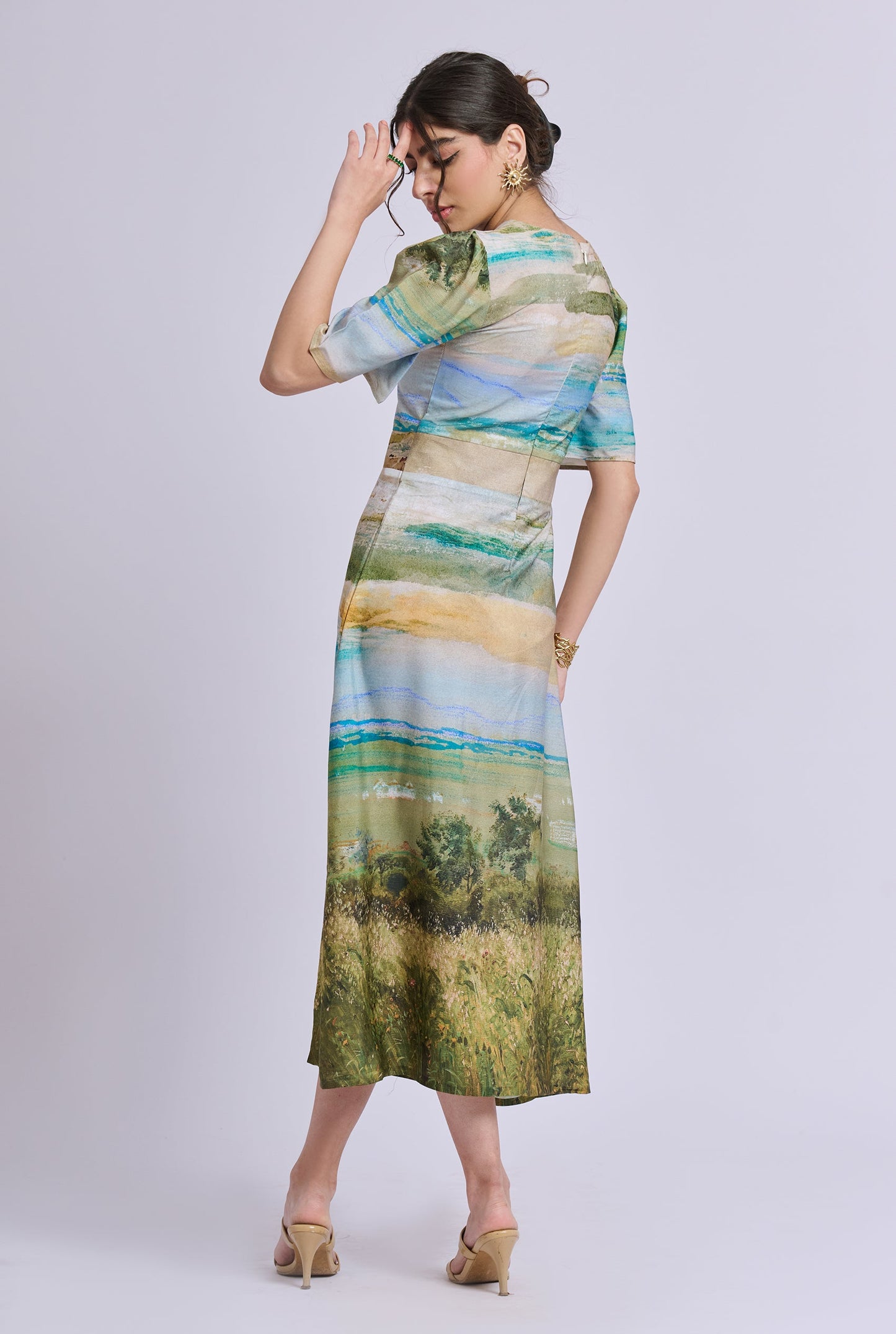 Nadia Scenery Print Midi Dress with Side Slit