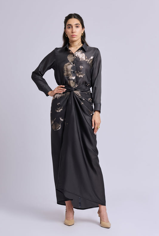 Ava Black and Gold Flower Print Shirt with Draped Skirt Co-ord Set