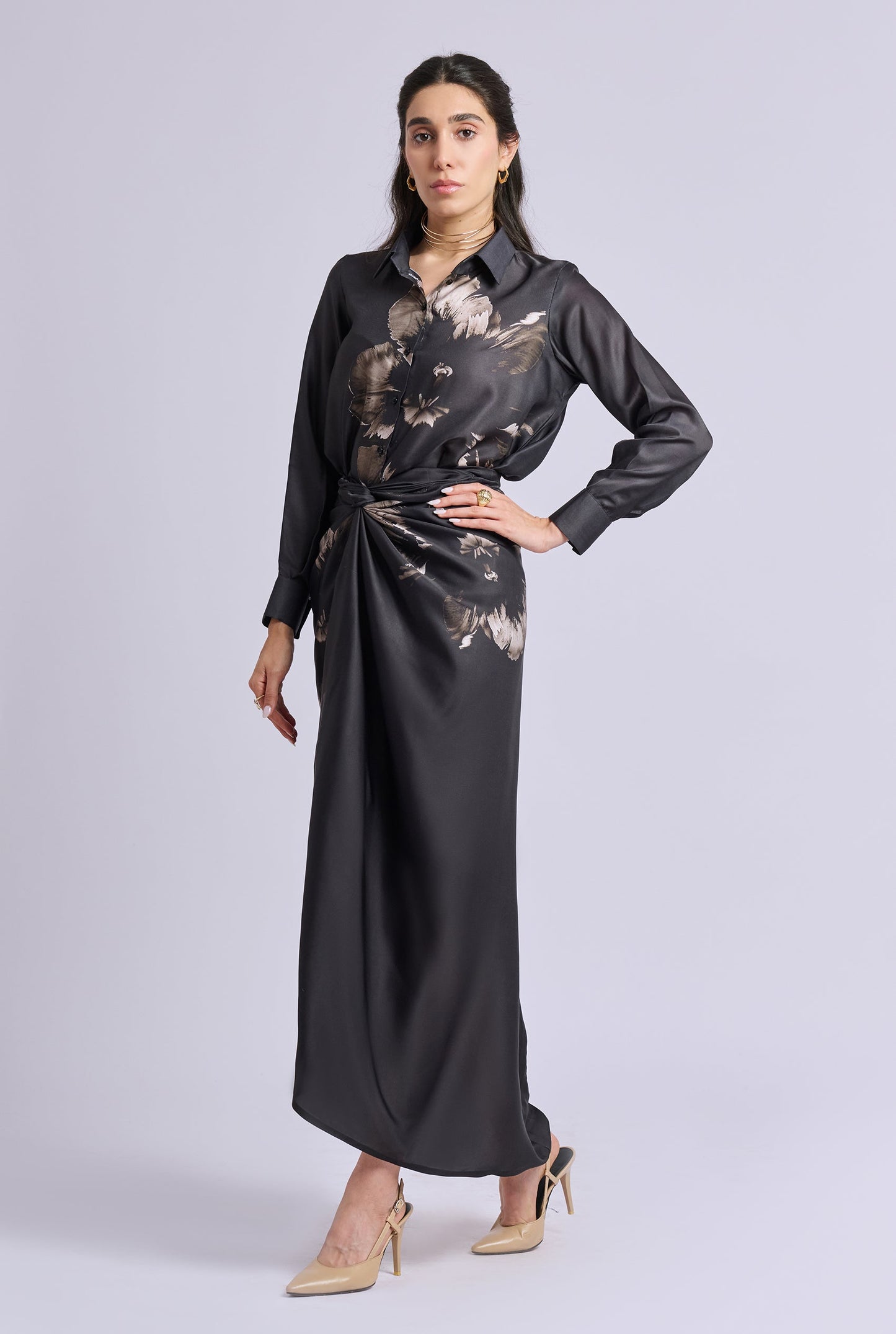 Ava Black and Gold Flower Print Shirt with Draped Skirt Co-ord Set