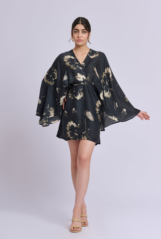 Nicola Black And Gold Flower Print Dress with Flowy Sleeves
