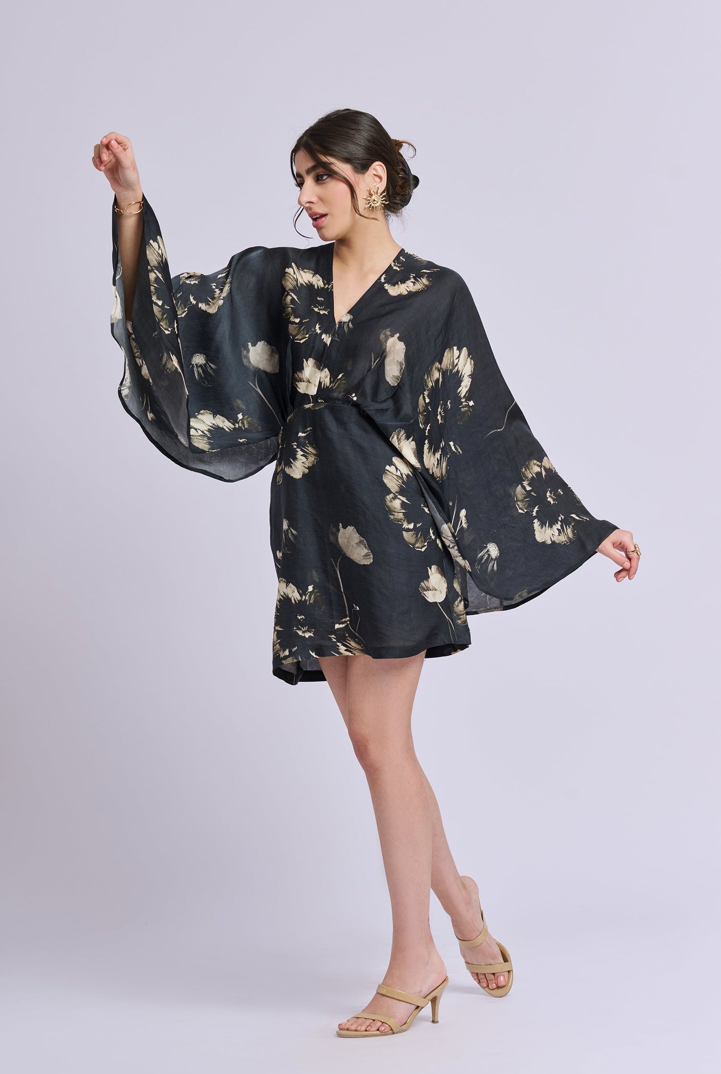 Nicola Black And Gold Flower Print Dress with Flowy Sleeves