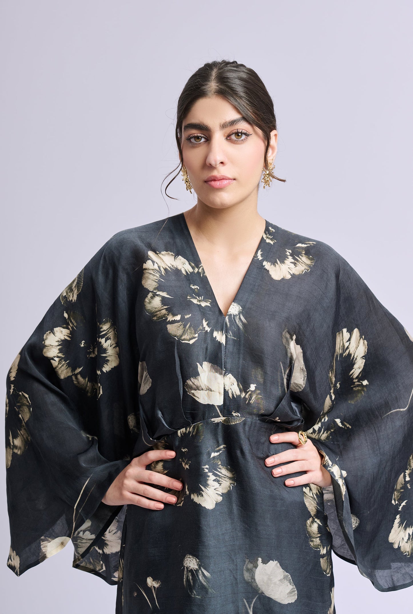 Nicola Black And Gold Flower Print Dress with Flowy Sleeves