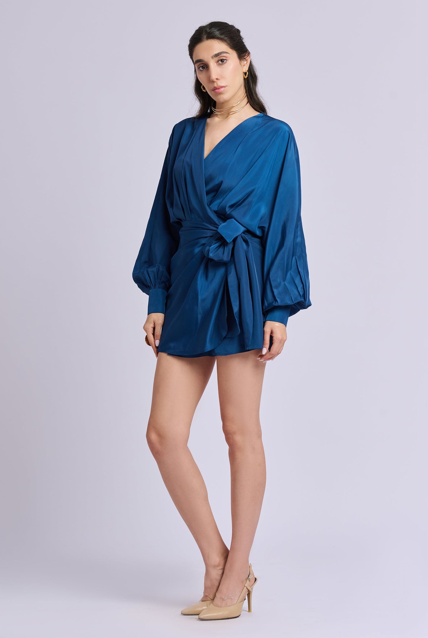 Diana Blue Wrap Around Short Dress with Puff Sleeves