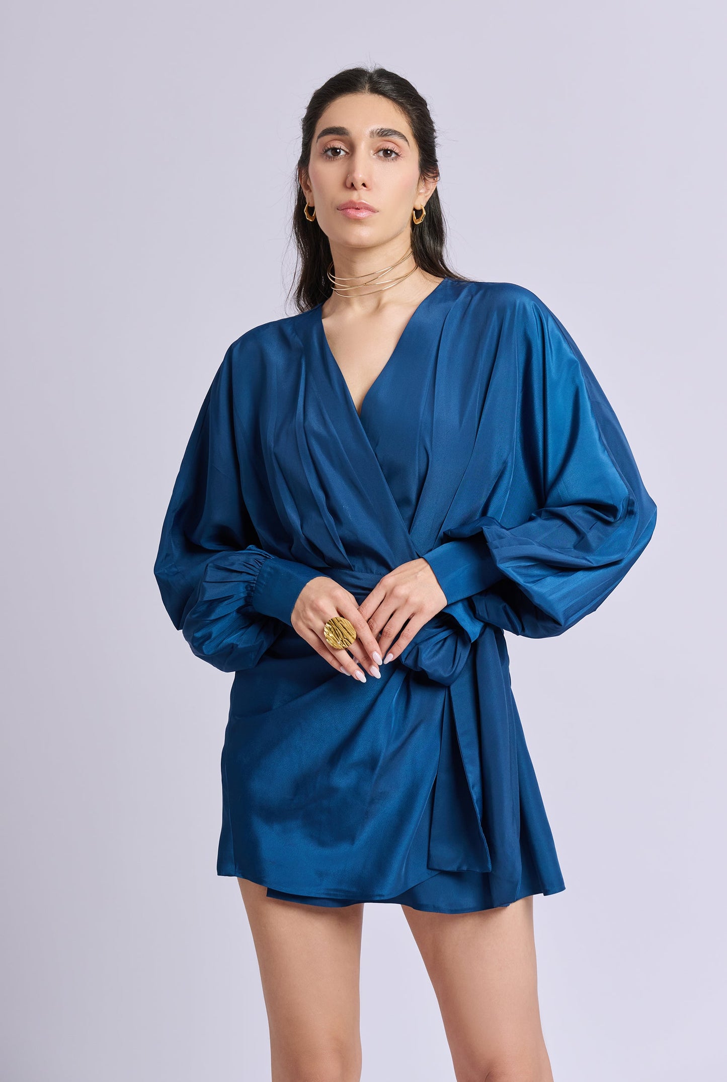 Diana Blue Wrap Around Short Dress with Puff Sleeves