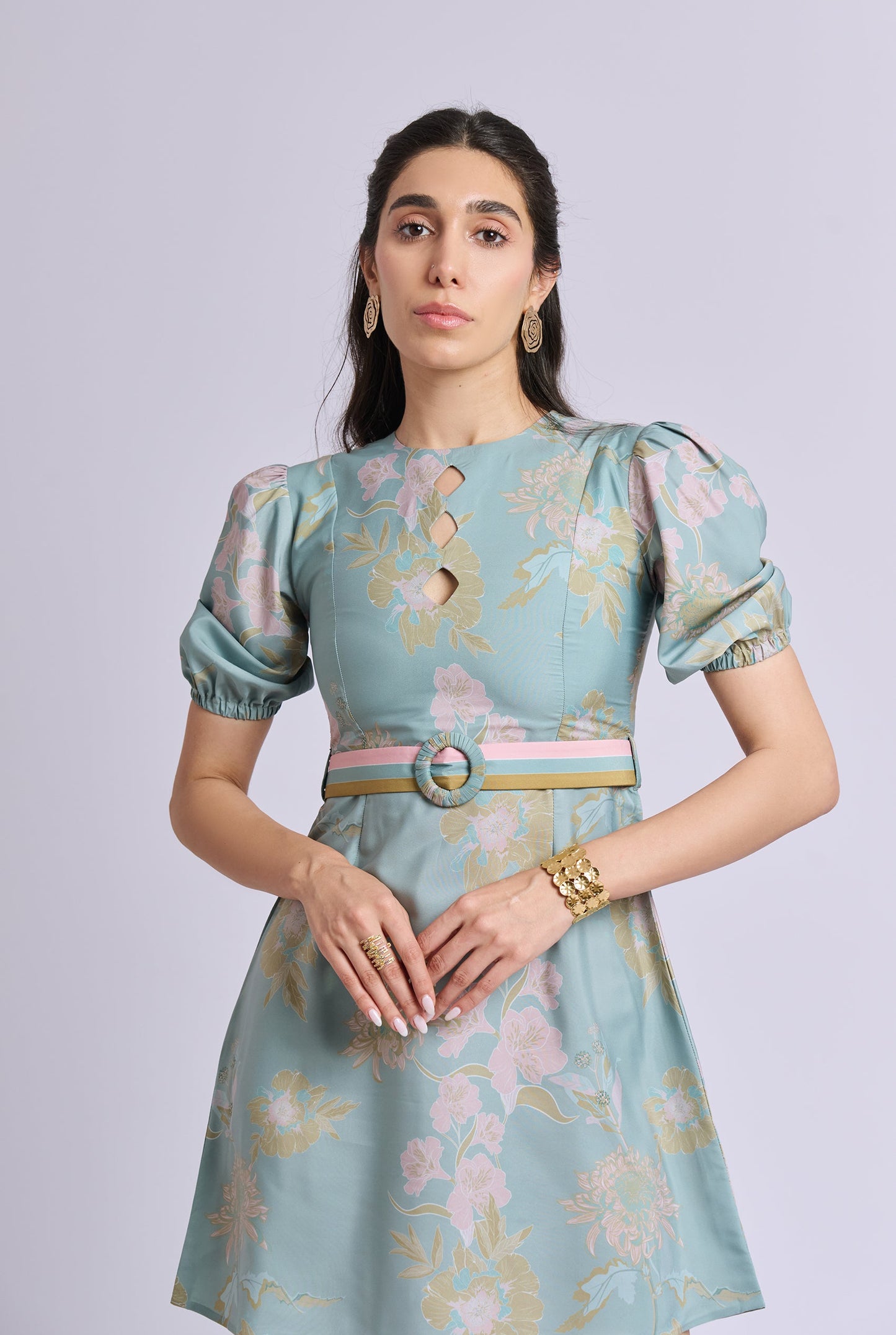 Lilia Blue and Pink Flower Print Short Dress with Belt