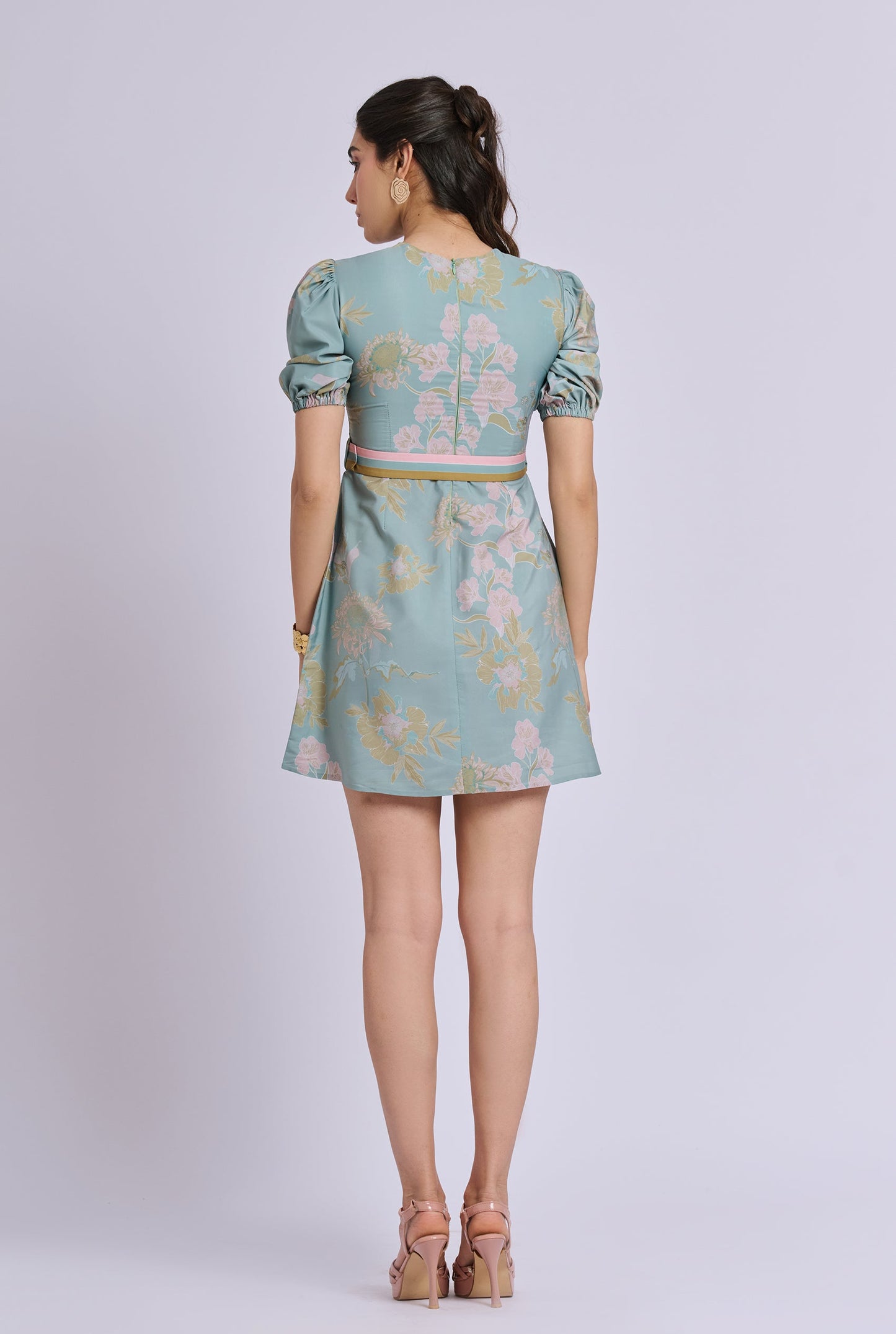 Lilia Blue and Pink Flower Print Short Dress with Belt