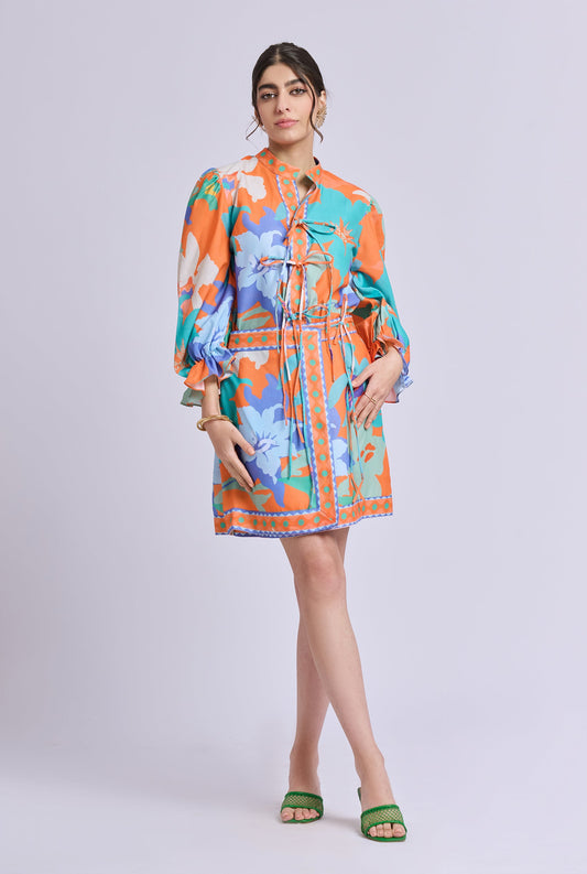 Bloom Multi Color Flower Print Co-ord Set with Knot Detailing on Shirt and Skort