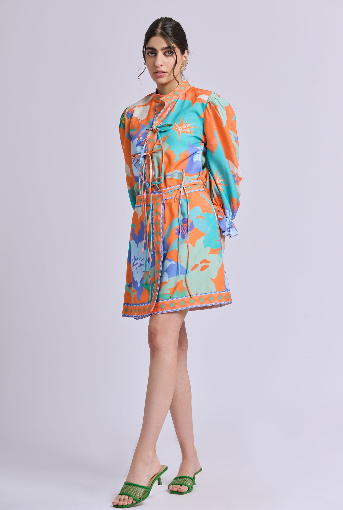 Bloom Multi Color Flower Print Co-ord Set with Knot Detailing on Shirt and Skort