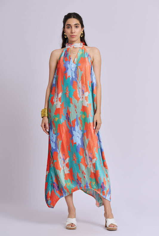 Solflora Multi Color Pleated and Backless  Halter Neck Midi Dress