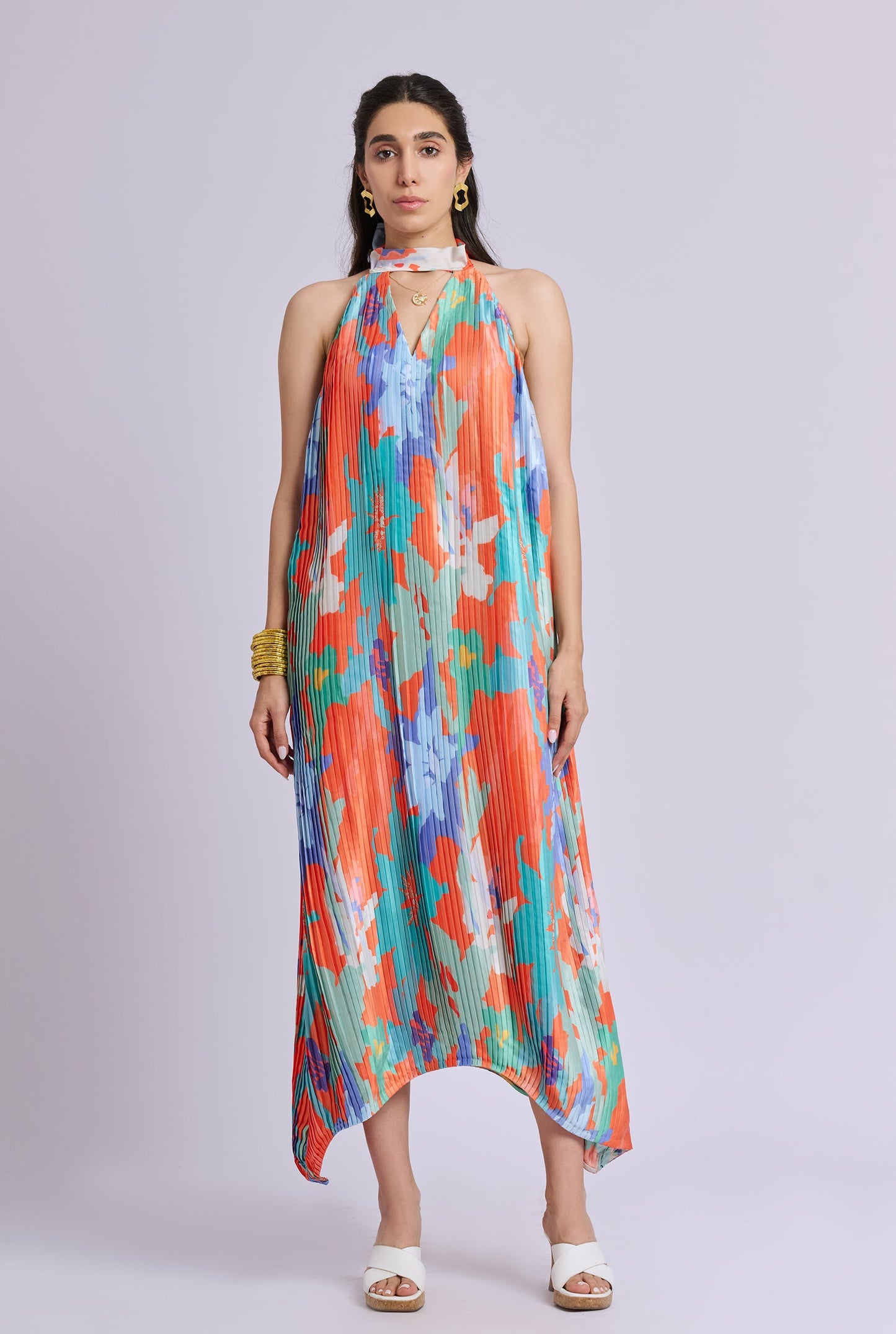 Solflora Multi Color Pleated and Backless  Halter Neck Midi Dress