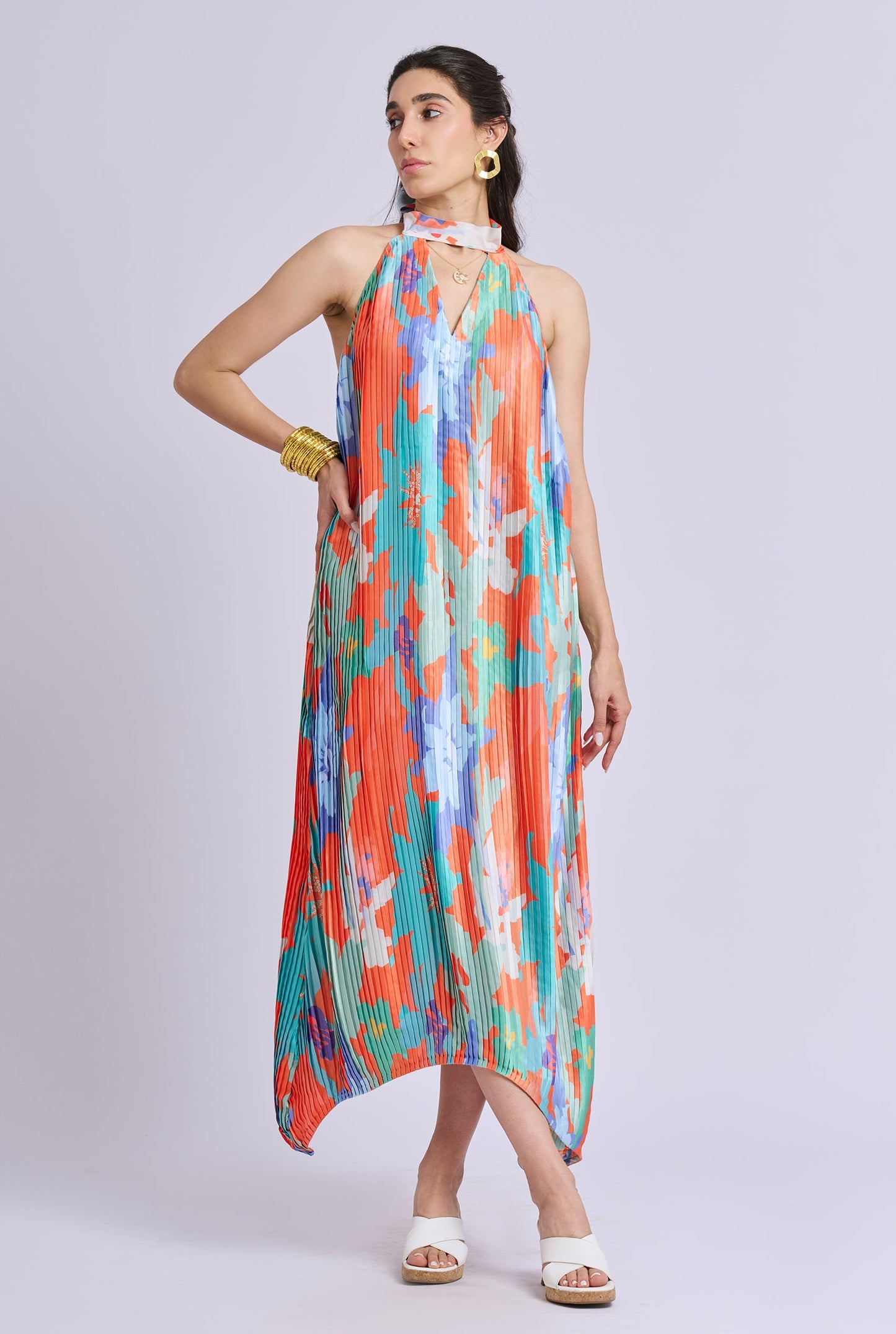 Solflora Multi Color Pleated and Backless  Halter Neck Midi Dress