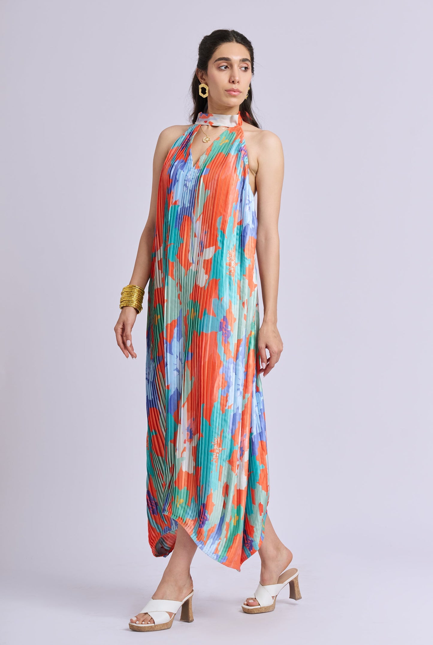 Solflora Multi Color Pleated and Backless  Halter Neck Midi Dress