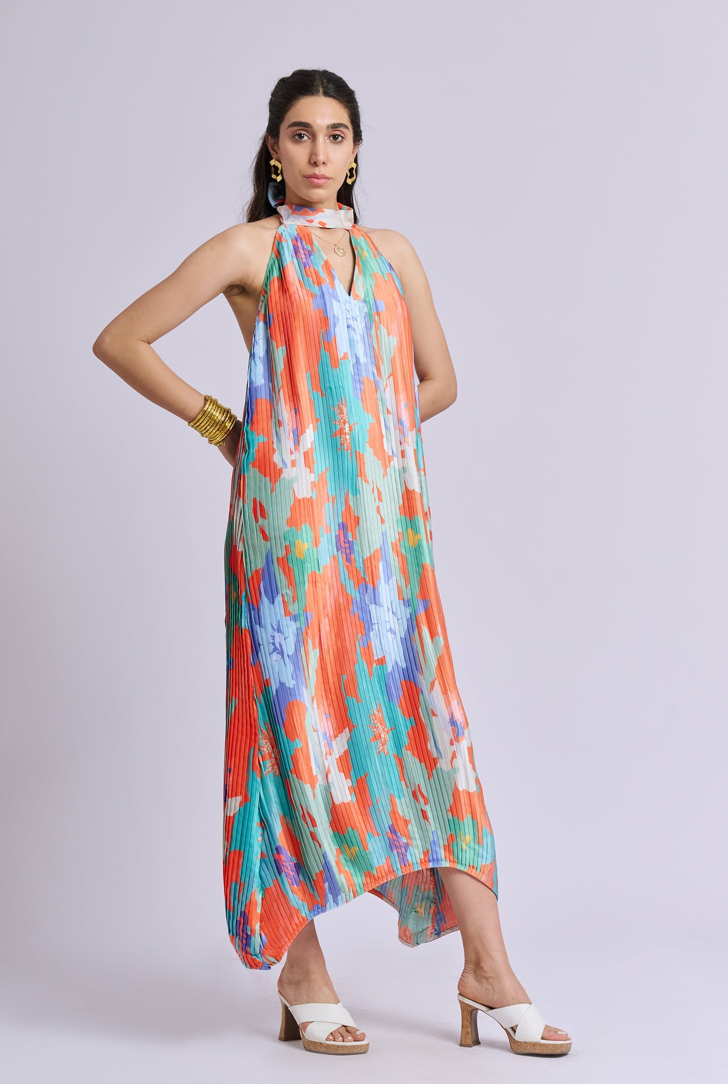Solflora Multi Color Pleated and Backless  Halter Neck Midi Dress
