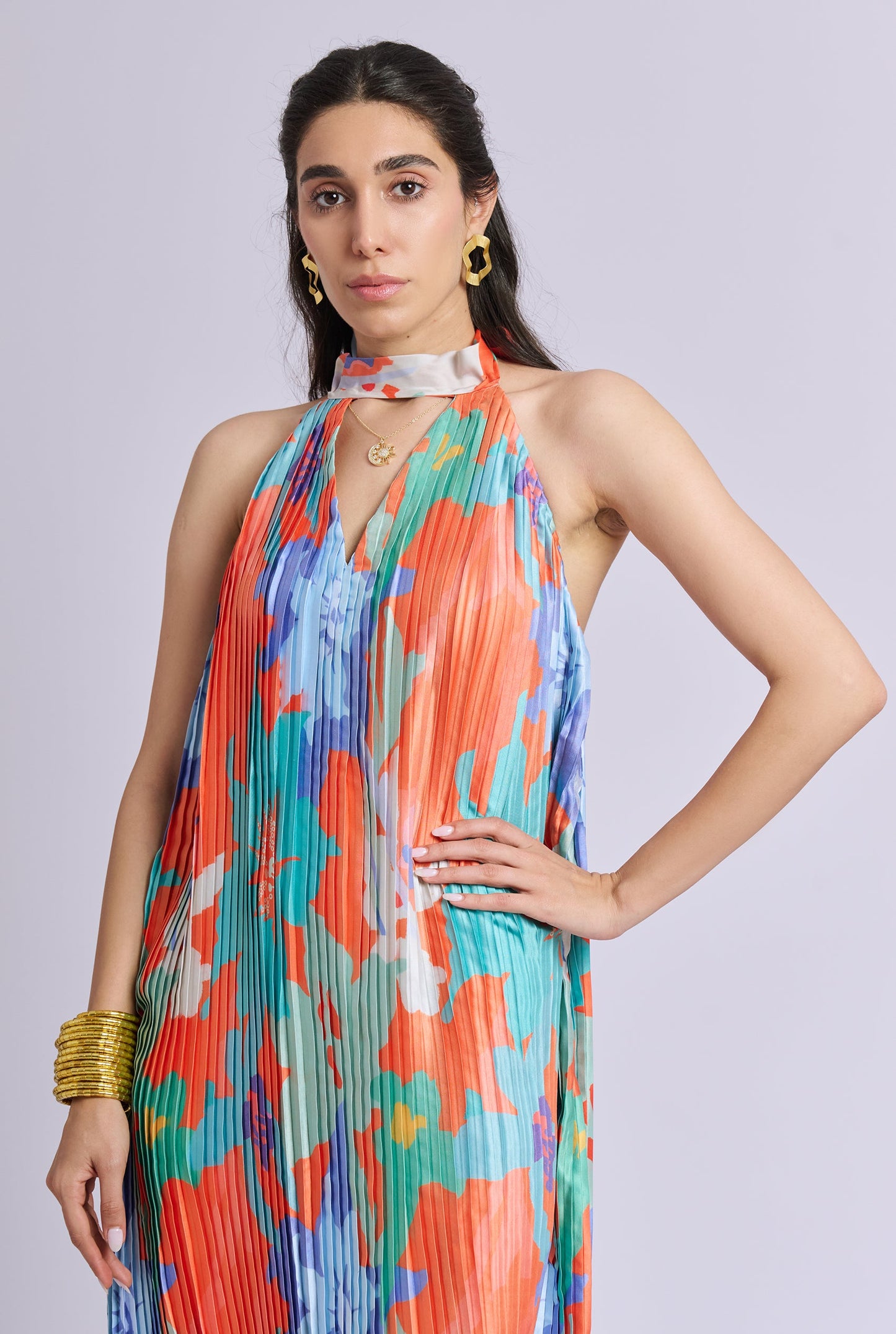 Solflora Multi Color Pleated and Backless  Halter Neck Midi Dress
