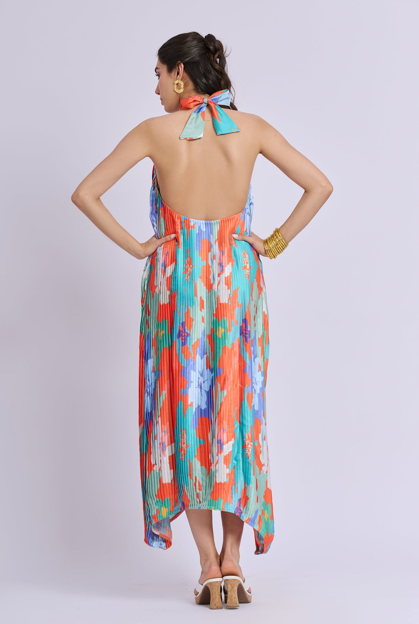 Solflora Multi Color Pleated and Backless  Halter Neck Midi Dress