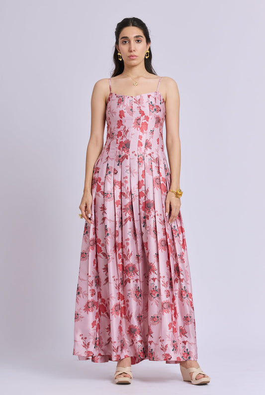 Victoria Strappy Pink Flower Print Pleated And Flowy Maxi Dress