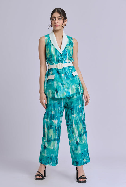 Skye Blue and Green Brush Stroke Print Blazer set with White Belt