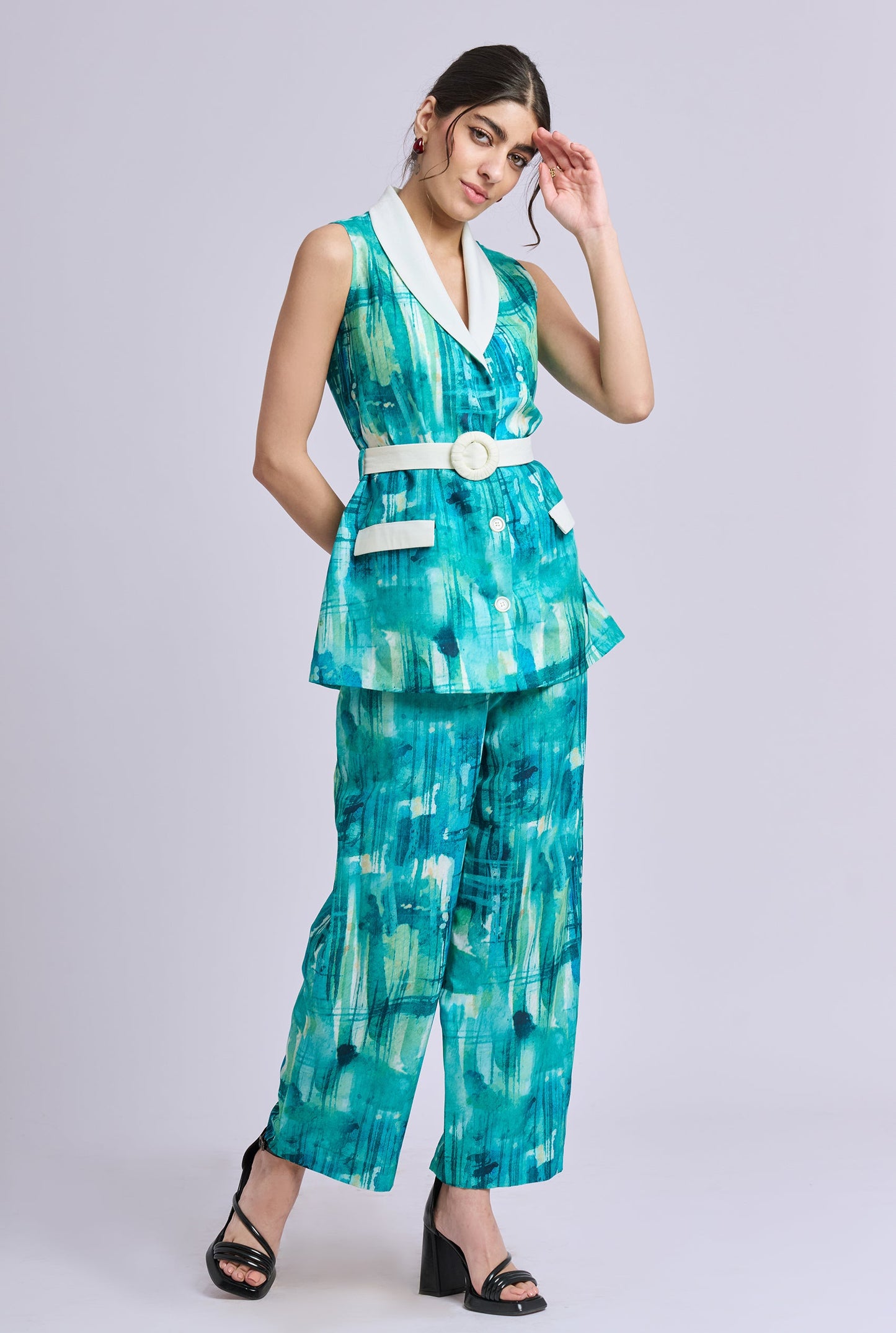 Skye Blue and Green Brush Stroke Print Blazer set with White Belt