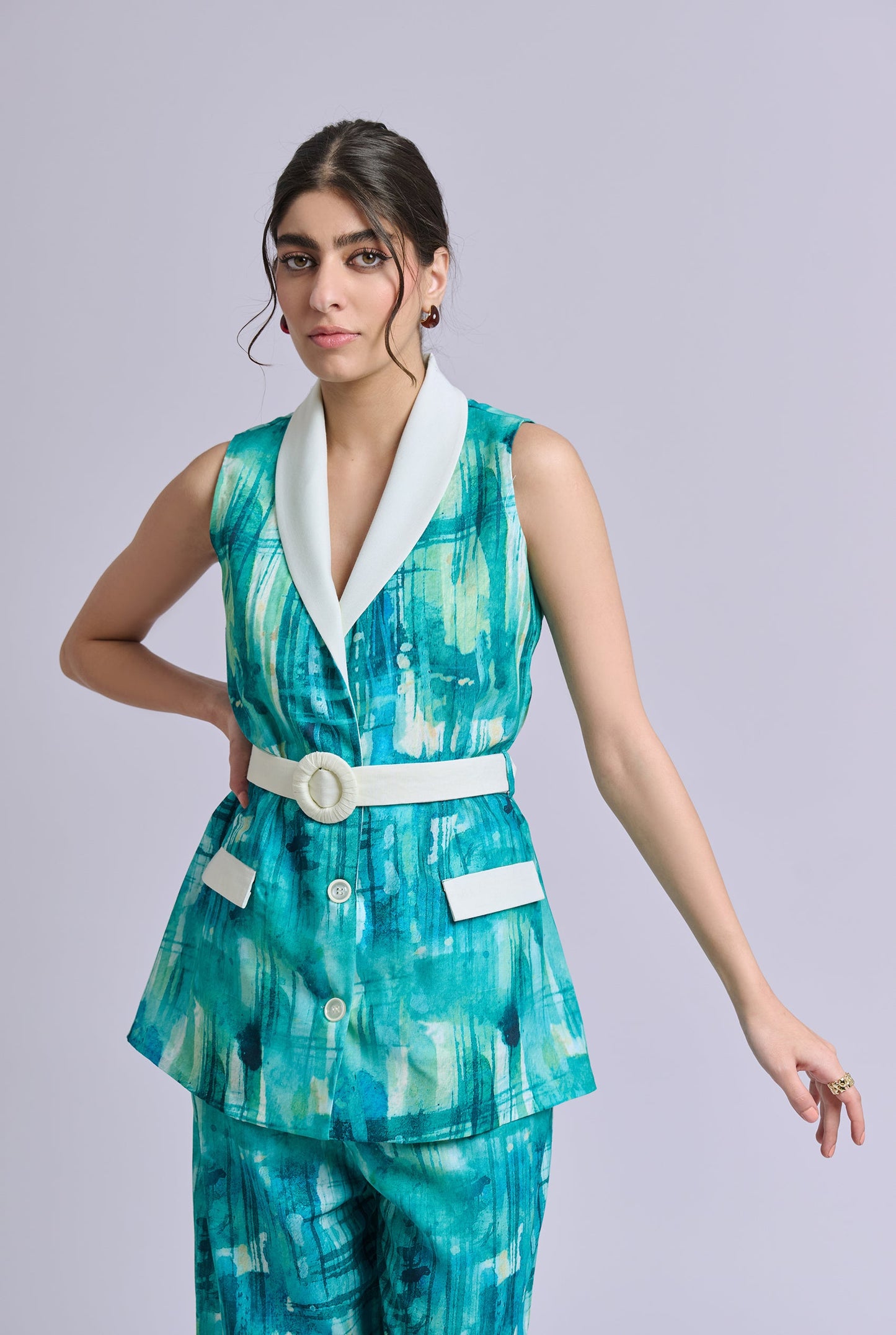 Skye Blue and Green Brush Stroke Print Blazer set with White Belt