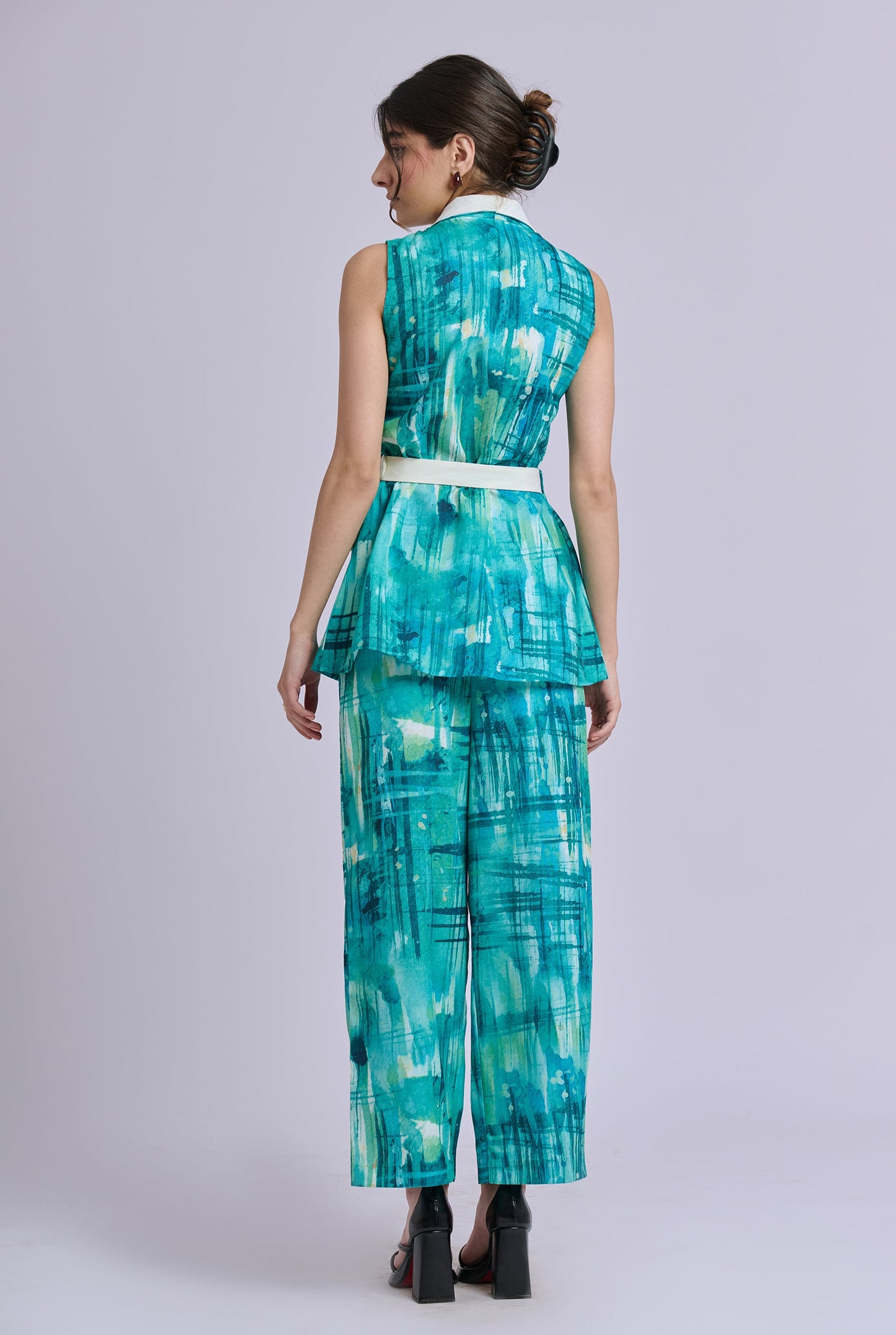 Skye Blue and Green Brush Stroke Print Blazer set with White Belt