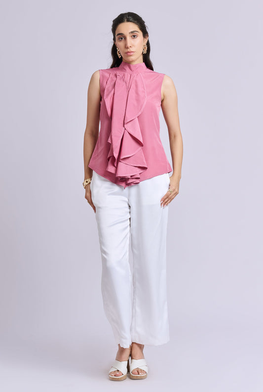 Liora Pink Ruffle Sleeveless Top with White Pants