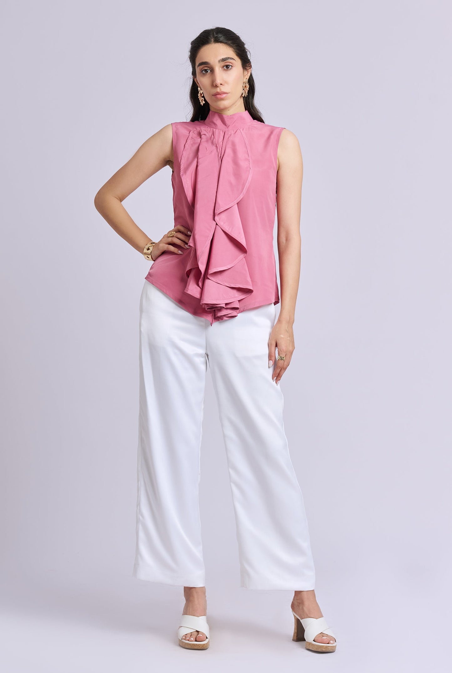 Liora Pink Ruffle Sleeveless Top with White Pants