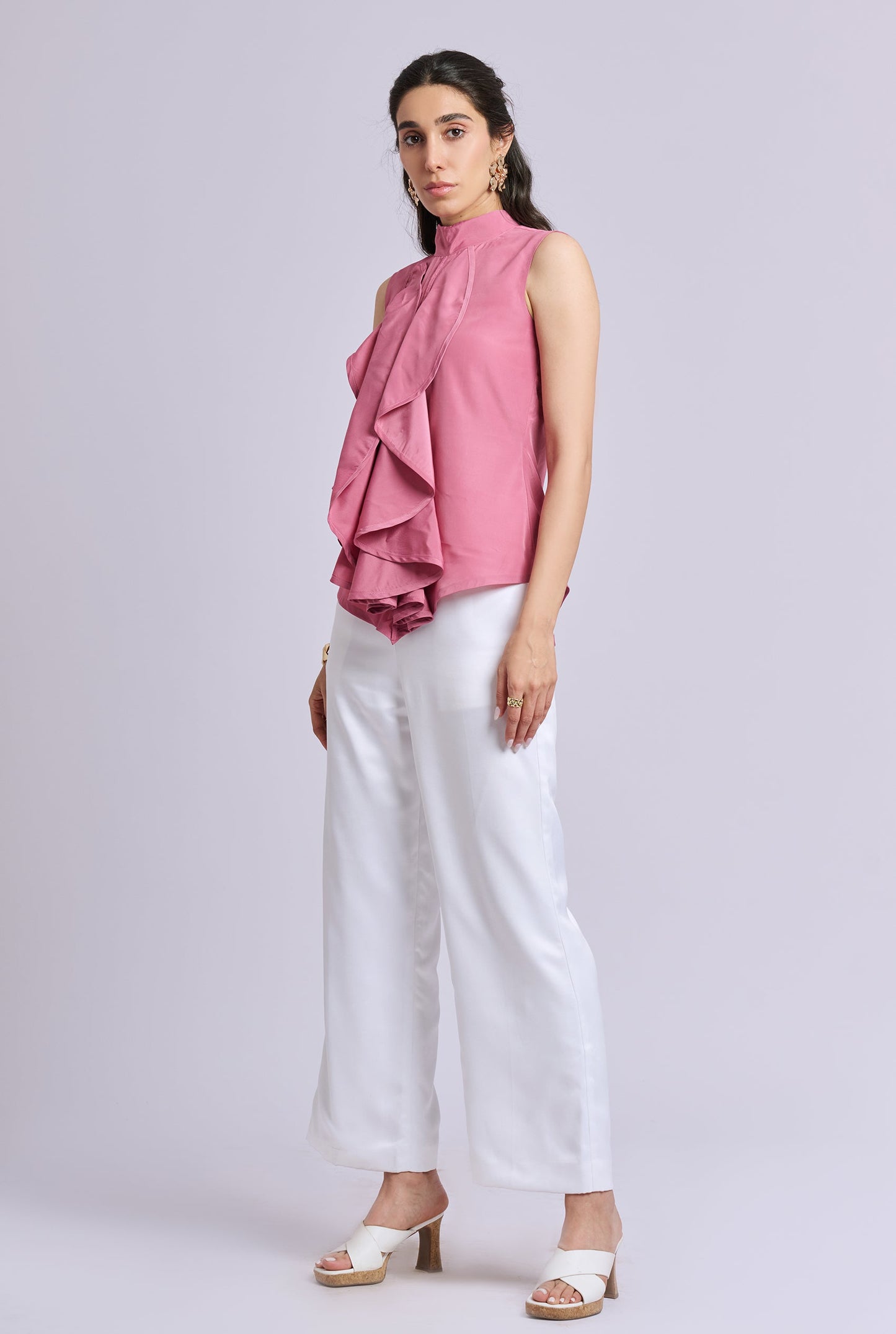 Liora Pink Ruffle Sleeveless Top with White Pants