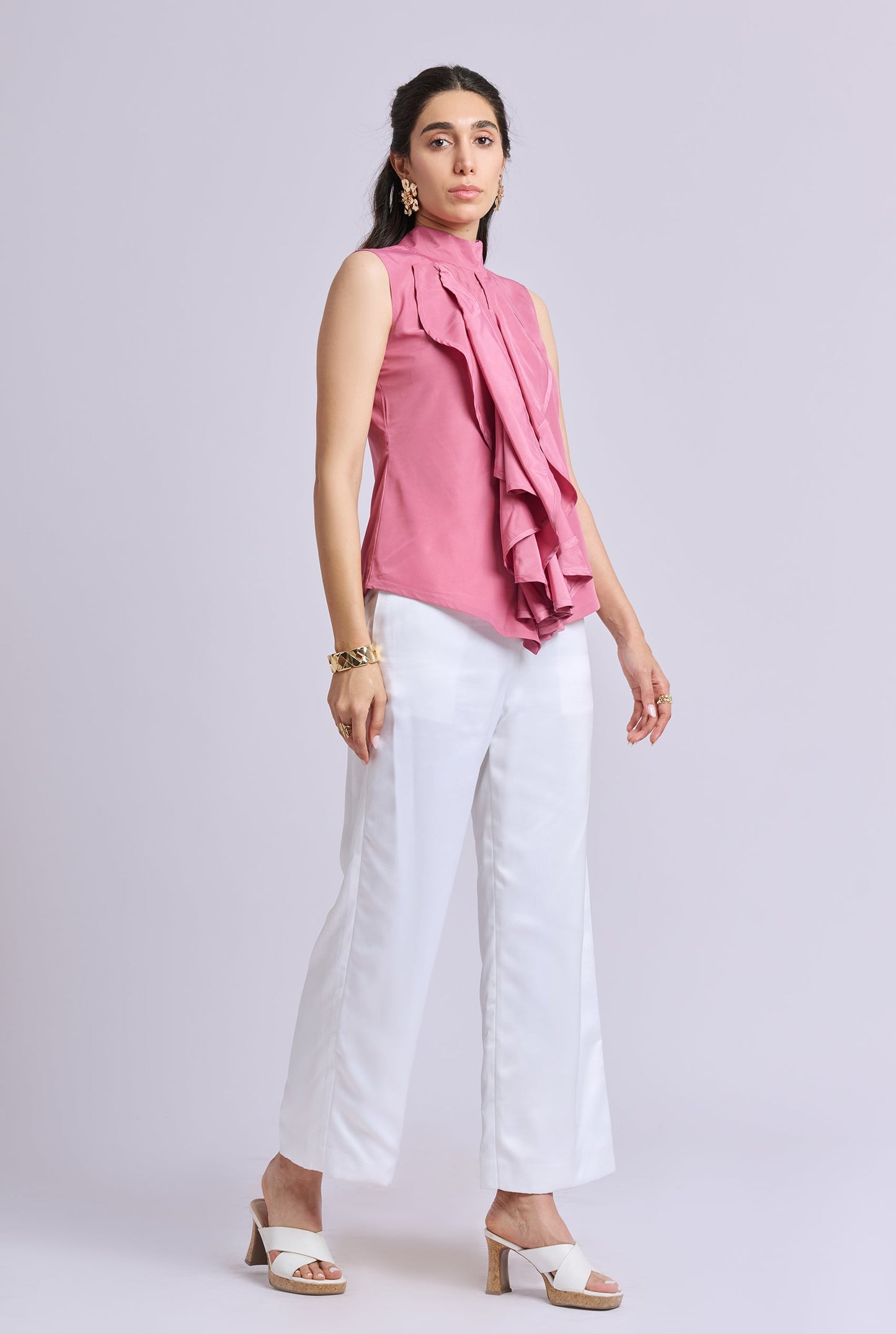Liora Pink Ruffle Sleeveless Top with White Pants