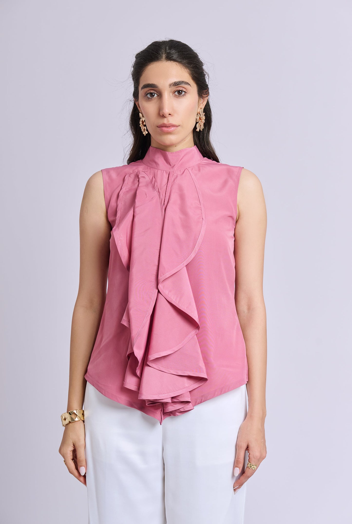 Liora Pink Ruffle Sleeveless Top with White Pants