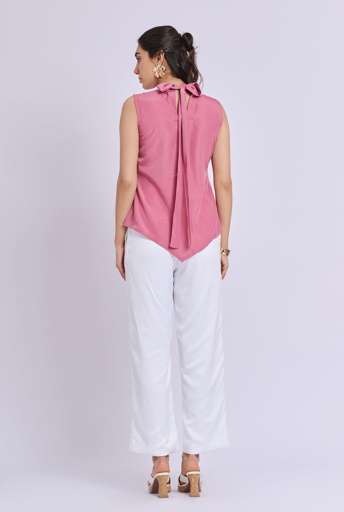 Liora Pink Ruffle Sleeveless Top with White Pants