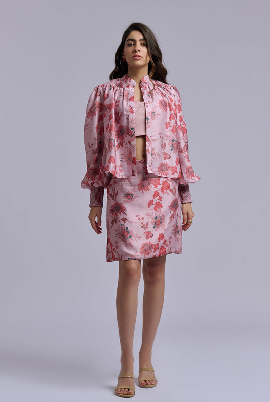 Isabella Three Piece Pink Flower Print Co-ord Set with Skirt