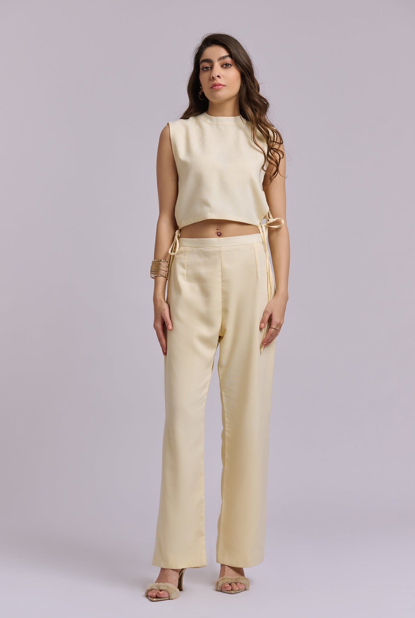 Luminé Butter Yellow Co-ord Set with Tie up Top and Pants