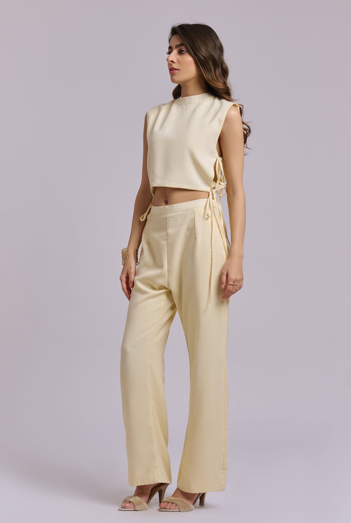 Luminé Butter Yellow Co-ord Set with Tie up Top and Pants