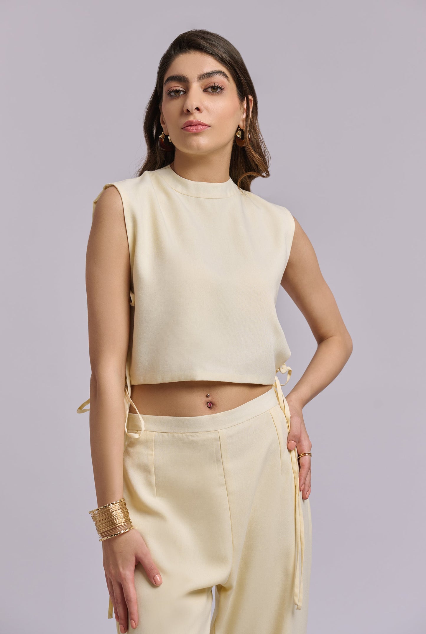 Luminé Butter Yellow Co-ord Set with Tie up Top and Pants