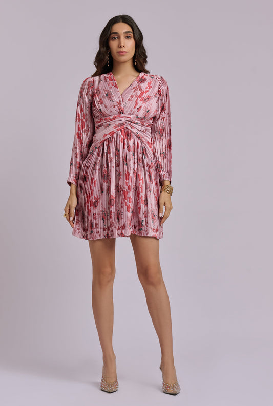 Daphne Pleated Flower Print Full Sleeve Dress