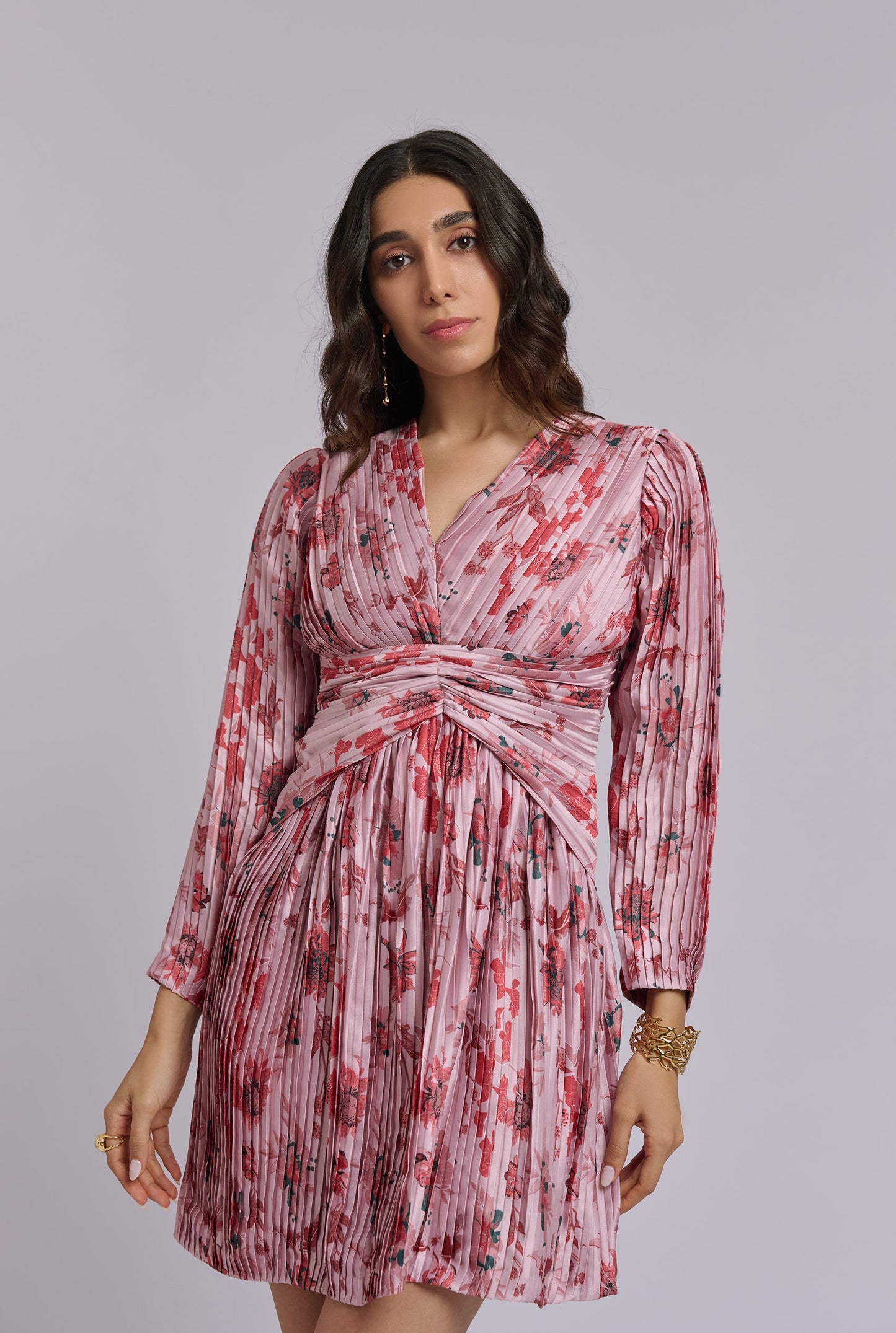 Daphne Pleated Flower Print Full Sleeve Dress