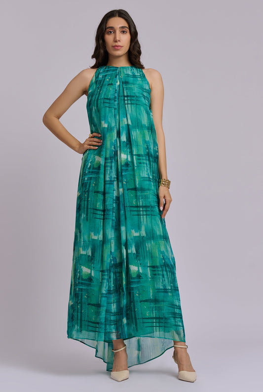 Marina Blue and Green Brush Stroke Print Halter Maxi Dress
