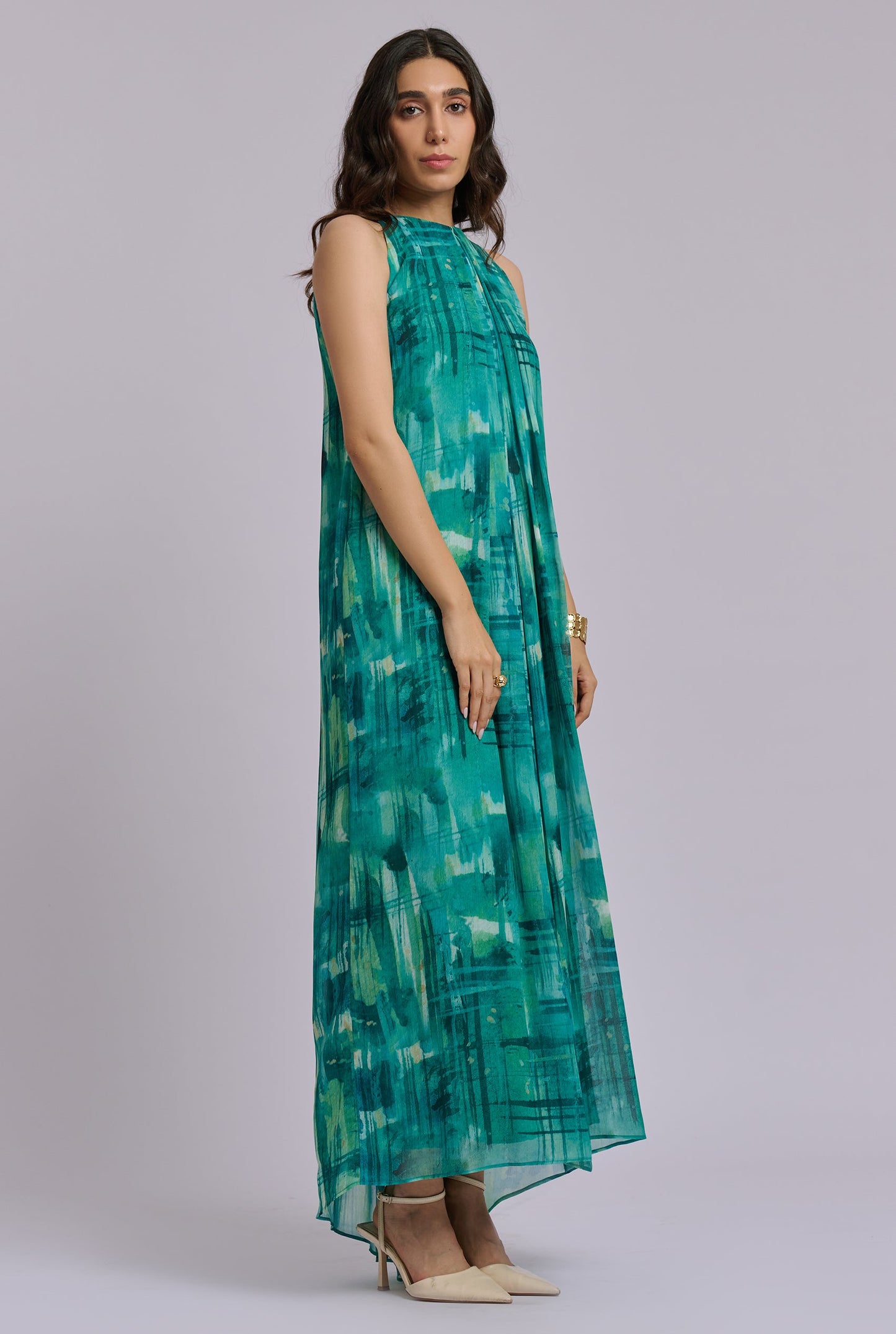 Marina Blue and Green Brush Stroke Print Halter Maxi Dress