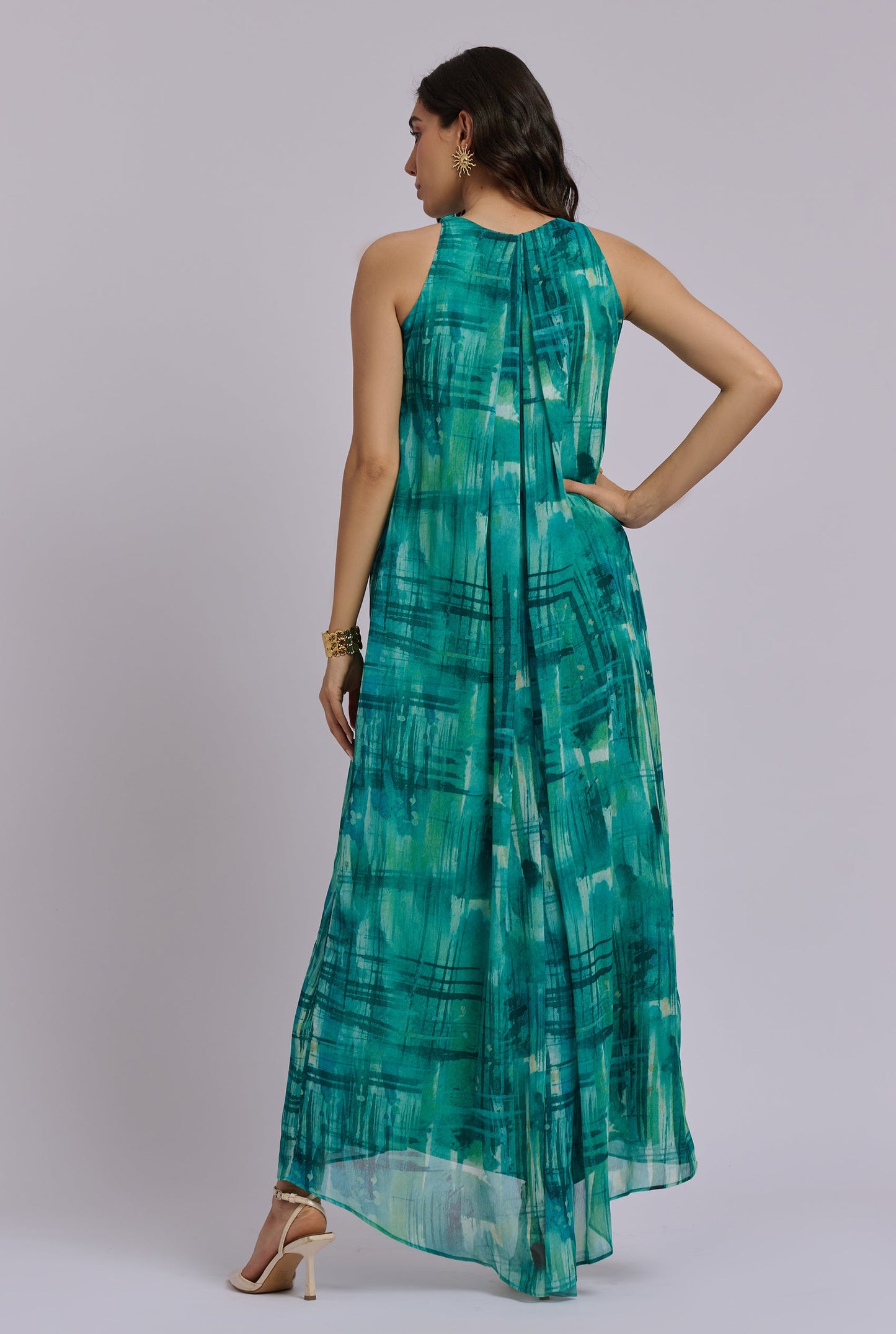 Marina Blue and Green Brush Stroke Print Halter Maxi Dress