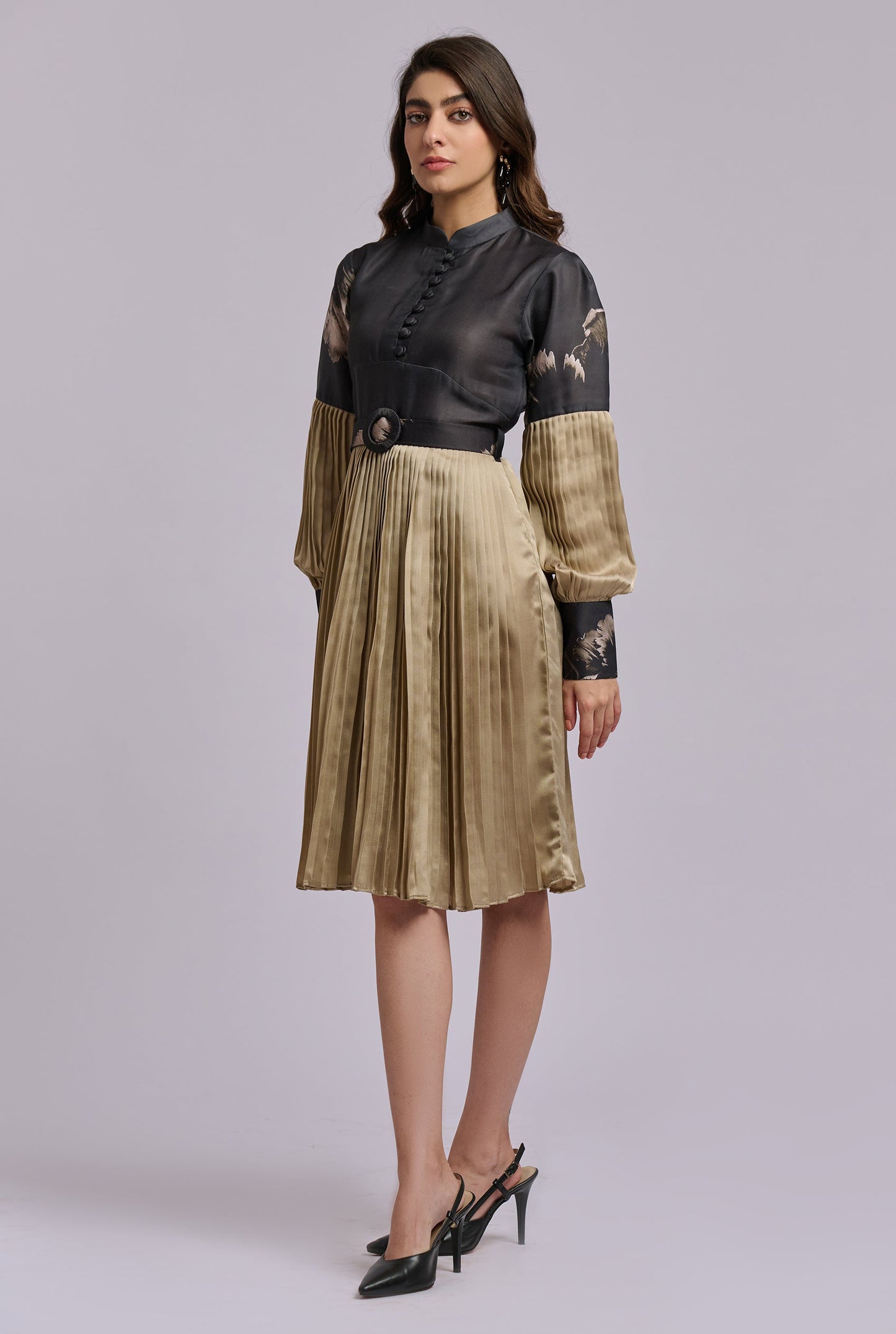 Anne Black & Gold Pleated Dress