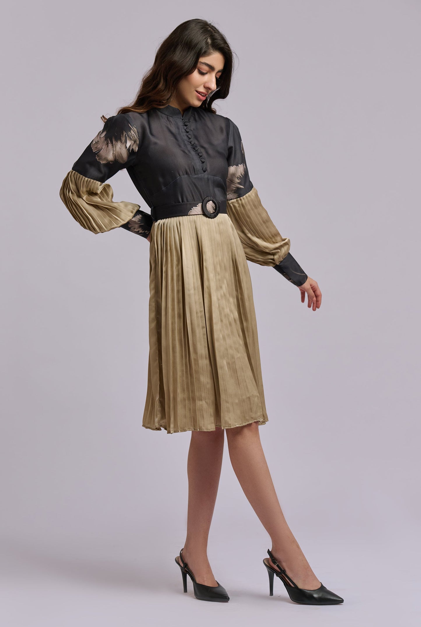 Anne Black & Gold Pleated Dress