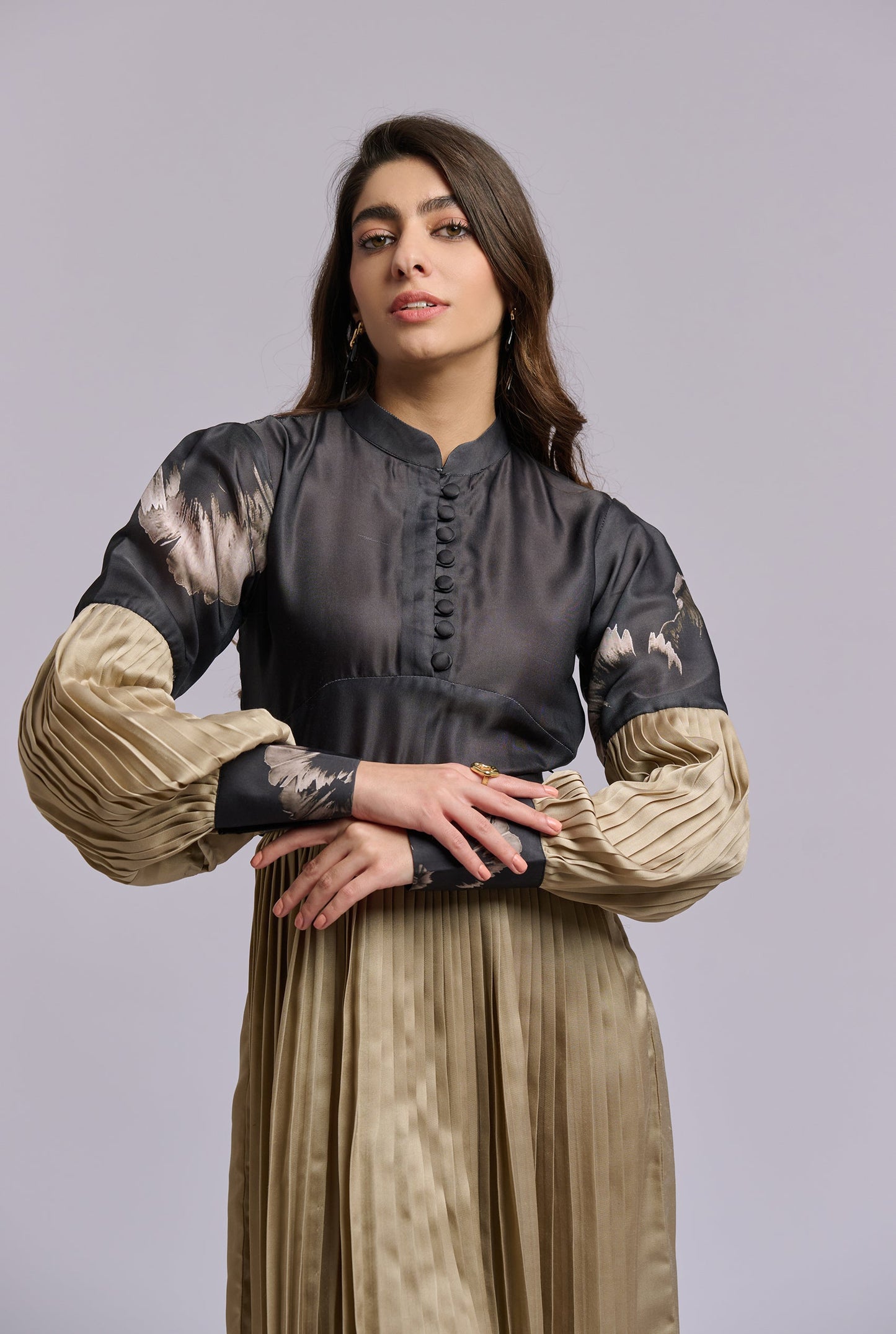Anne Black & Gold Pleated Dress